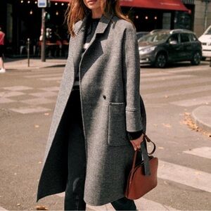 Womens Long Grey Wool-Blend Overcoat